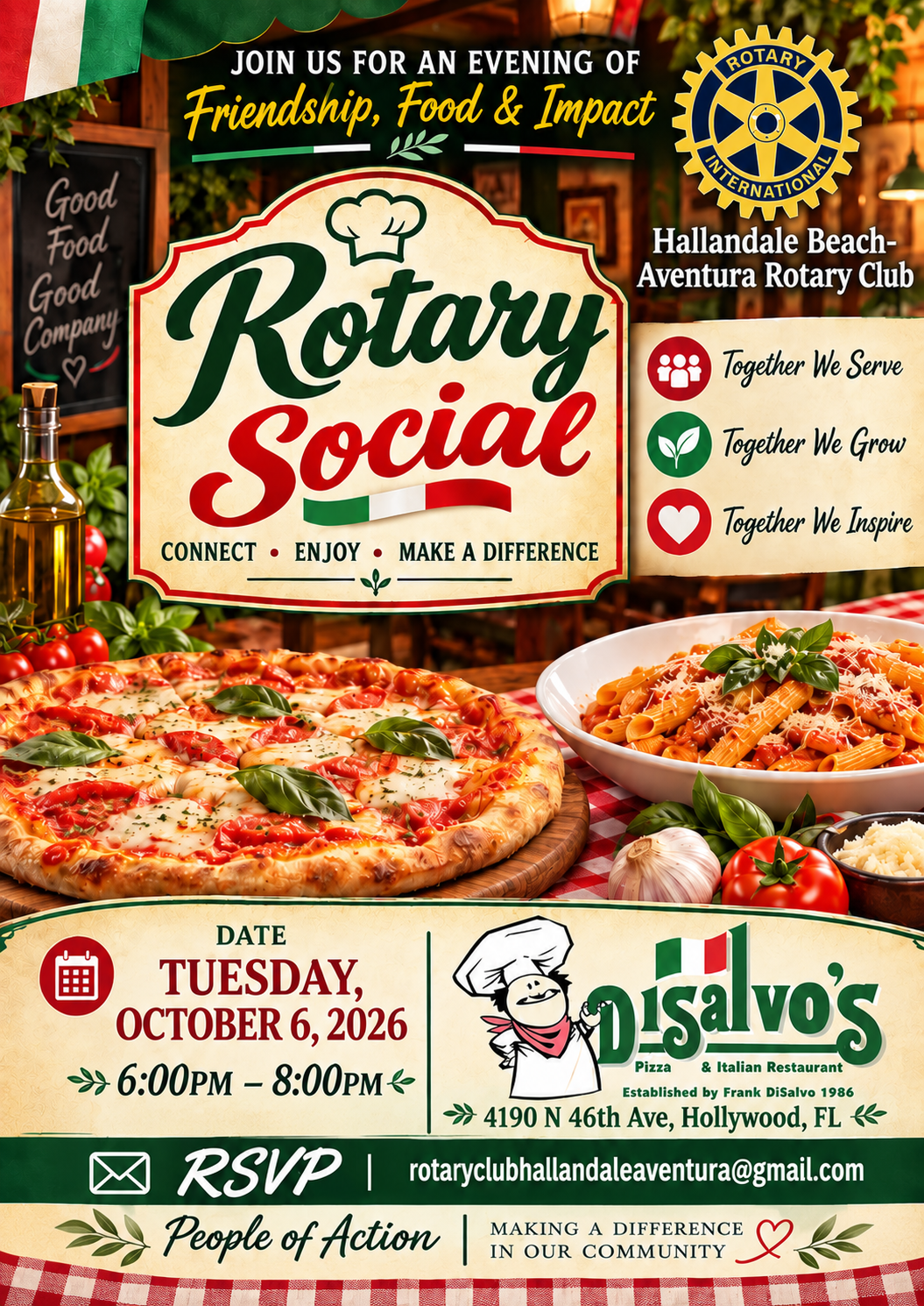 Rotary Club Social: Tue., Oct 6, @ 6:00 pm